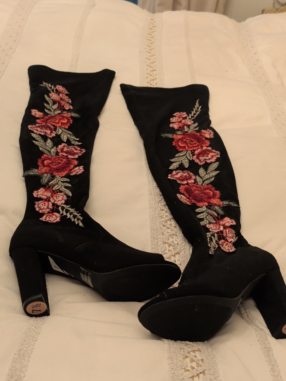 Wild Diva Black Over-the-Knee Boots with Red Rose Embroidery